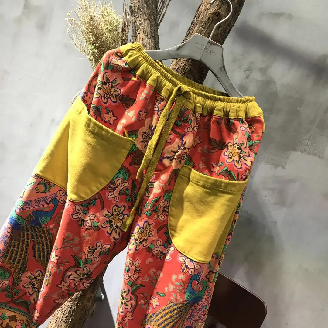 Женские брюки с эластичным поясом в стиле пэчворк, женские свободные брюки с цветочным принтом, женские брюки с цветочным принтом, Ретро стиль, весна