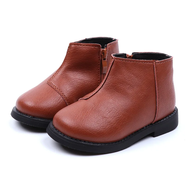 

AFDSWG leather plus velvet warm plush boots little girl short winter snow boots girls black child snow boots shoes brown
