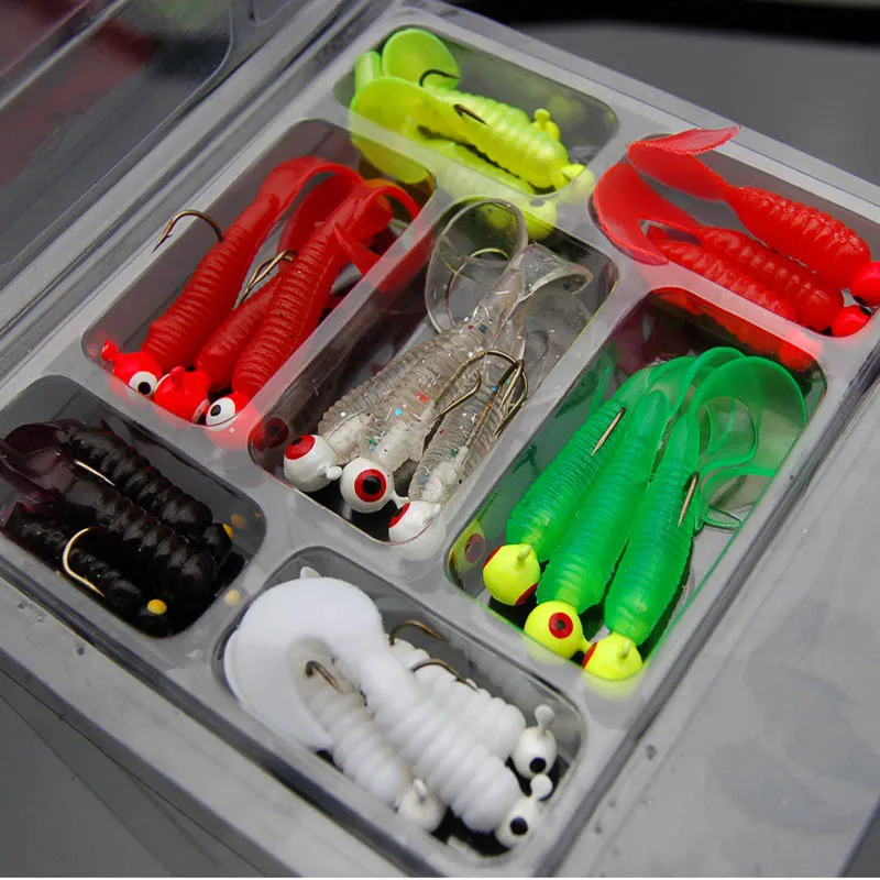 

21Pcs/Set Mini Soft Fishing Lure Lead Jig Head Hook Grub Worm Silicone Fish Baits Ocean Carp Soft Worm Fishing Baits Tackle Box