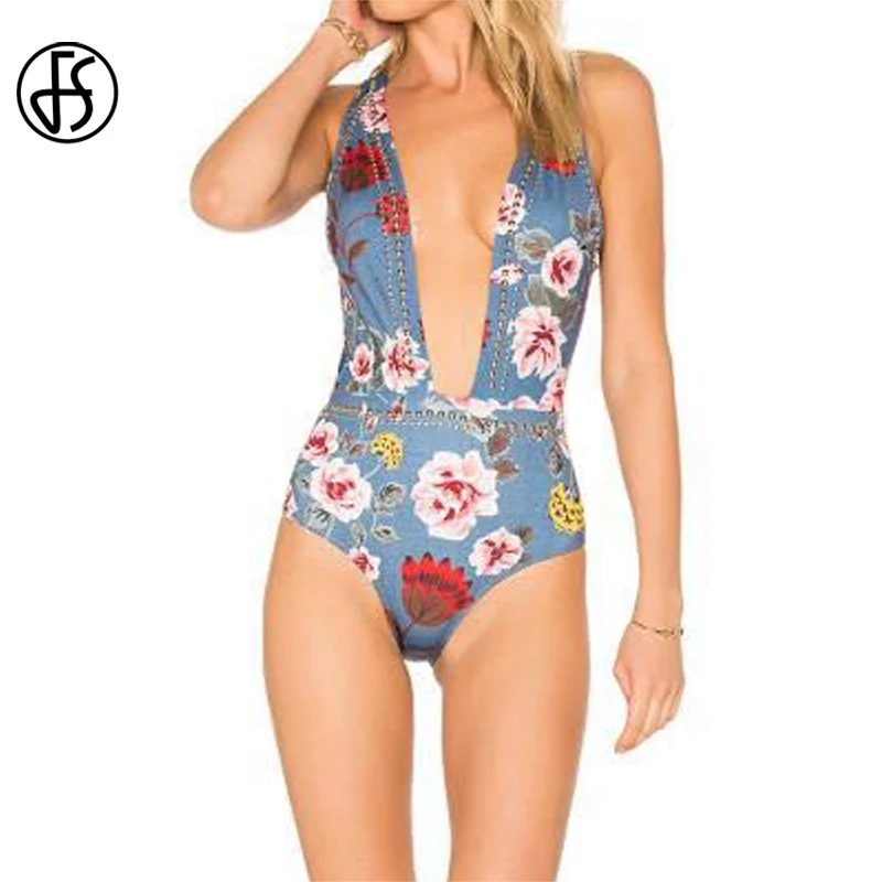 

FS Female Denim Blue Floral Print High Cut Waist One Pieces Bathing Suits Summer Beachwear Swimsuit Brazilian Swimwear For Women