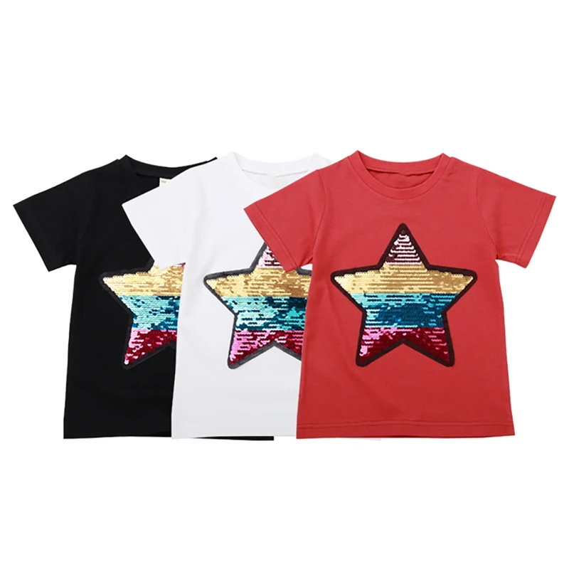 

1PC Kids Clothes Summer Toddler Boys Girls Short Sleeve Flip Sequin Pattern Tops T-shirt Blouse Cotton Casual Children Outfits