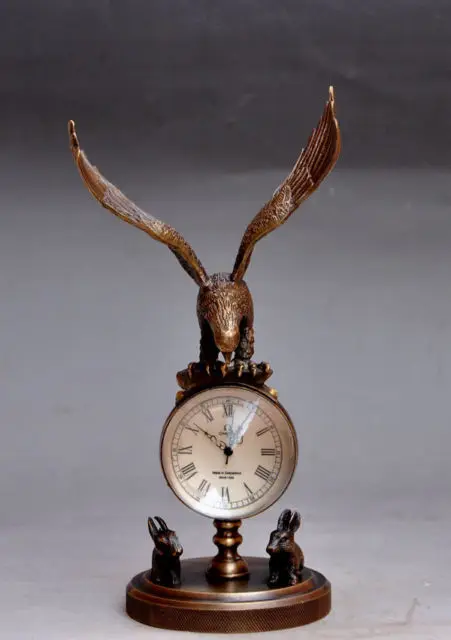 

Медные латунные ремесла, старые Китайские коллекционные Украшенные старые латунные Резные Орлы, механические настольные часы, украшение бронзовых часов