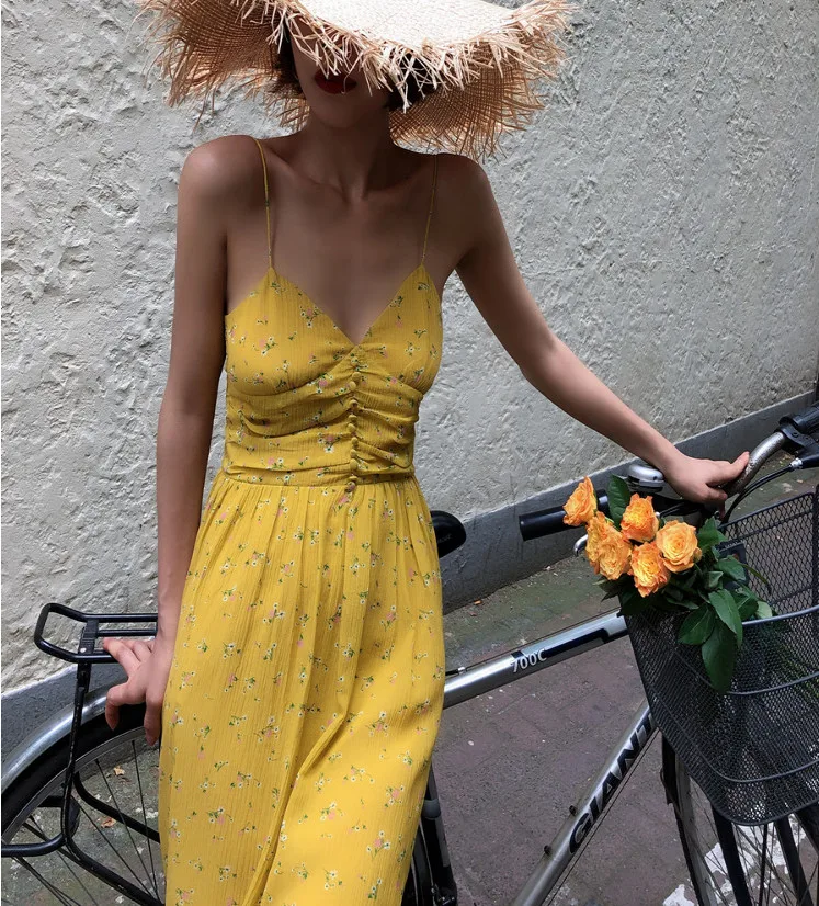 

Floral Print Dress Spaghetti Straps Slim Midi Yellow Button Sexy Sleeveless Dresses Summer