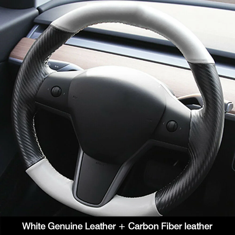 

1pc White/Black Steering Wheel Cover For Tesla Model 3 DIY Carbon Fiber White Leather Waterproof