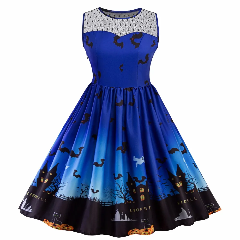 Women's Vintage Halloween Print Mesh Panel Party Dress Retro Rockabilly