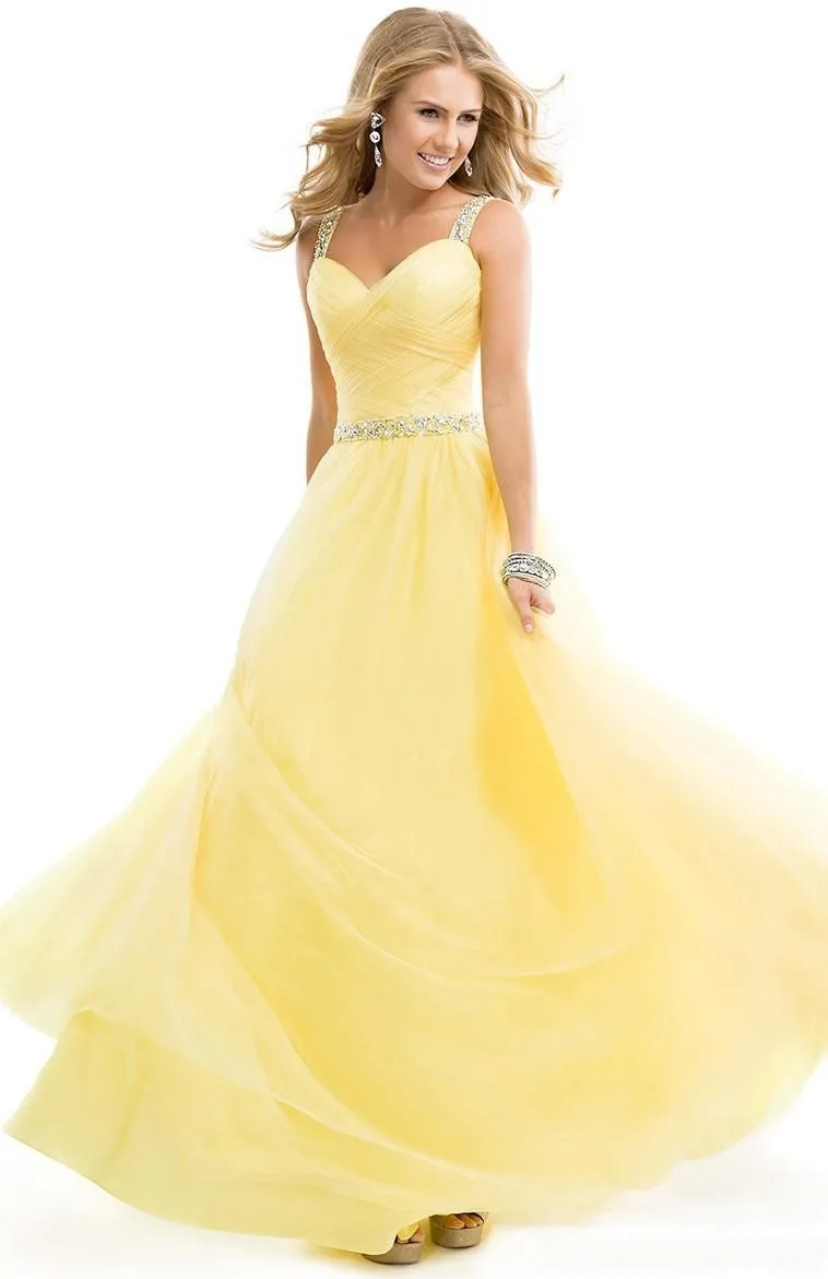 yellow spaghetti strap prom dress