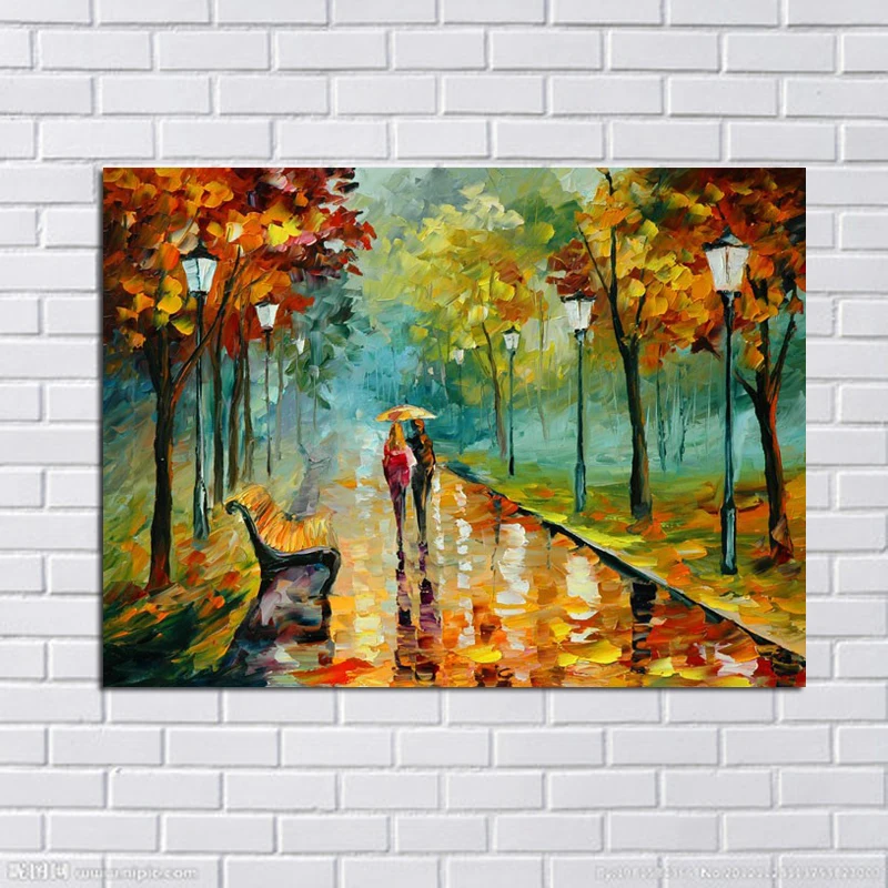 

100% Hand painted a lover Rain Street Tree Landscape Oil Painting On Canvas Wall Pictures For Living Room Home wedding Decor