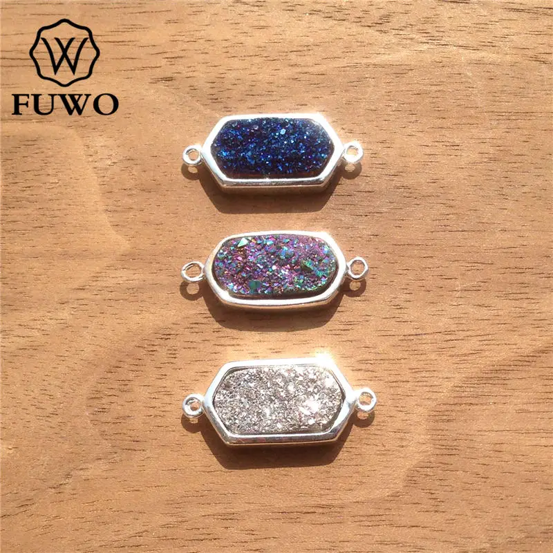 FUWO Aura Druzy Agates ободок Соединитель с серебряным покрытием двойной Bails натуральный кварц каменные подвесные украшения PD128