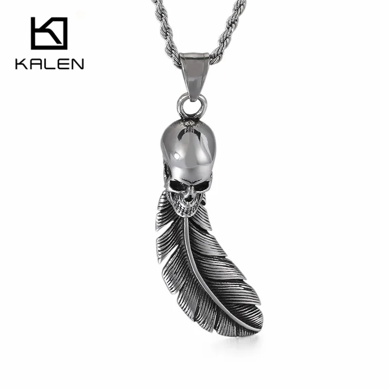 

KALEN Stainless Steel Leaf Fashion Chain Feather Skull Necklace Pendant For men Jewelry Punk Charm Choker Gothic Gifts
