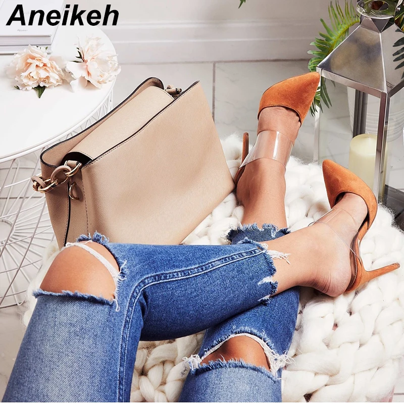 

Aneikeh Orange Women's Sandals 2018 Sexy Transparent Stilettos Slingback PVC Sandals Dress Woman Pumps Shoes Black Size 35-40