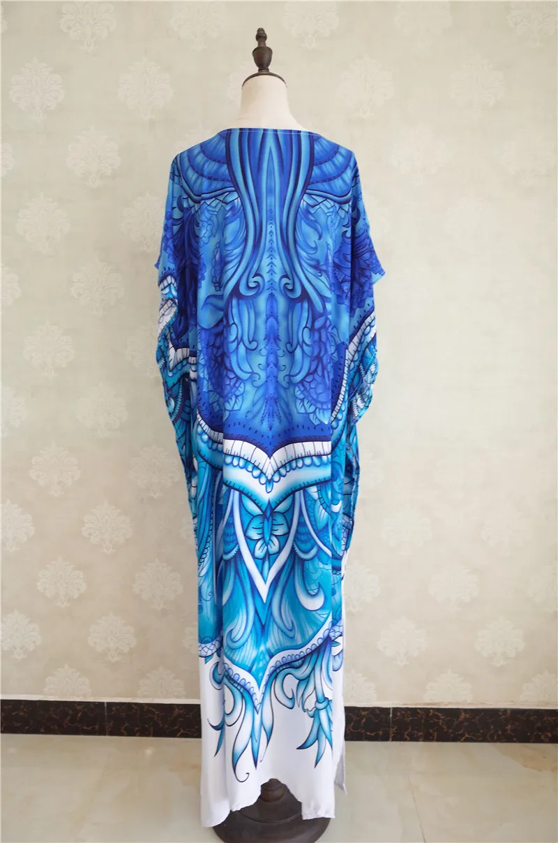 Длинное пляжное платье-кафтан с принтом голубого океана размера плюс, туника для женщин, летняя пляжная одежда, платье макси с рукавом до локтя N669