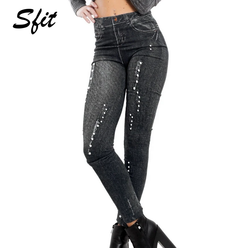 

Sfit 2019 Women Imitation Jeans Stretchable High Waist Slim Leggings Hips Pencil Tights Slimming Workout Gym Leggings Yoga Pants