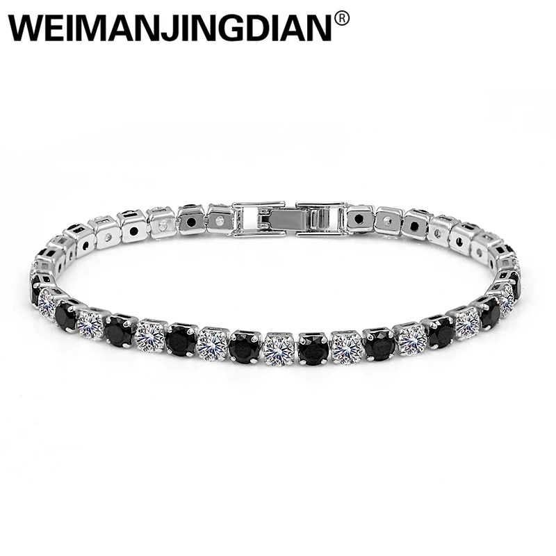 WEIMANJINGDIAN العلامة التجارية الأسود والأبيض 4 مللي متر جولة قطع مكعب زركونيا كريستال تشيكوسلوفاكيا أساور التنس للنساء أو الزفاف