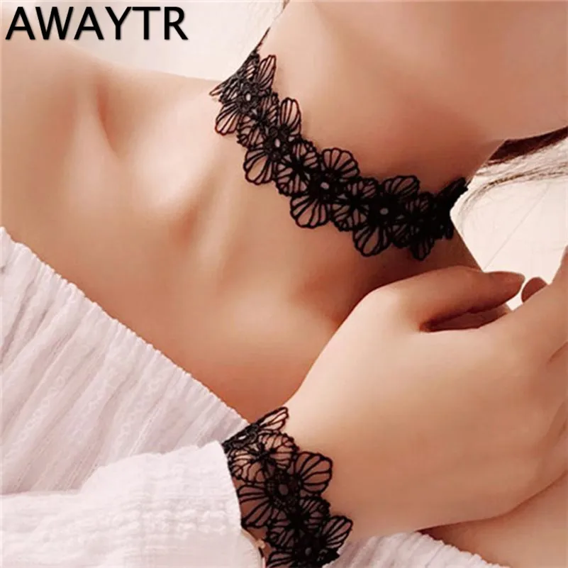 

AWAYTR Handwork Black White Lace Hollow Out Necklace Set New Gothic Fashion Sexy Lace Choker Necklace Bracelet Women Jewelry Set