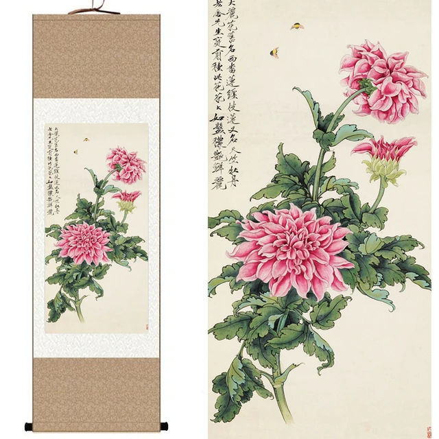 chinese silk watercolor flower bird ink dahlia bee original art feng