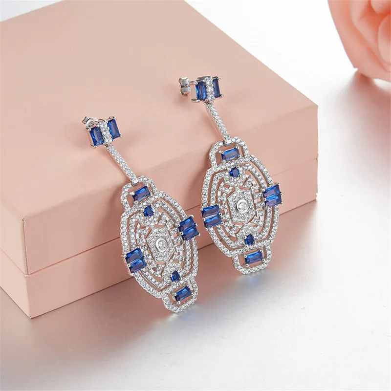 

Famous 925 sterling silver AAA Zircons shield Design Drop Earrings Blue Gree White Crystal Monaco New Jewelry Lover Jewelry Gift
