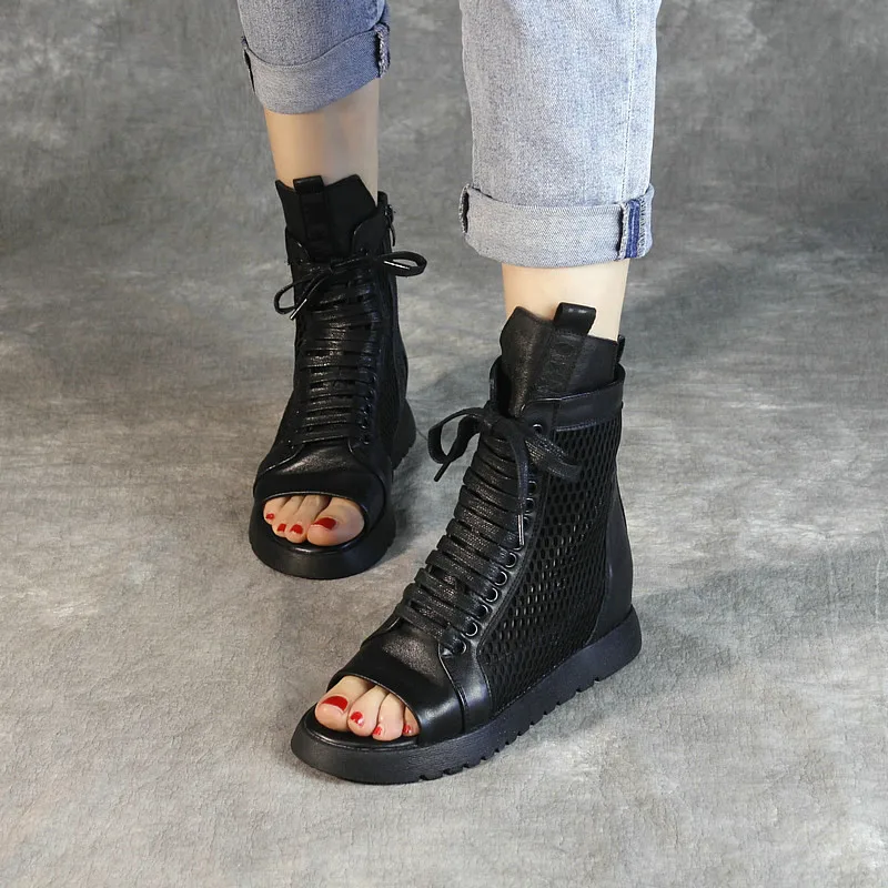 

New European Summer Boots Genuine Leather Lace-up Women Shoes Thick Heel Height Increasing Peep Toe Black Boots