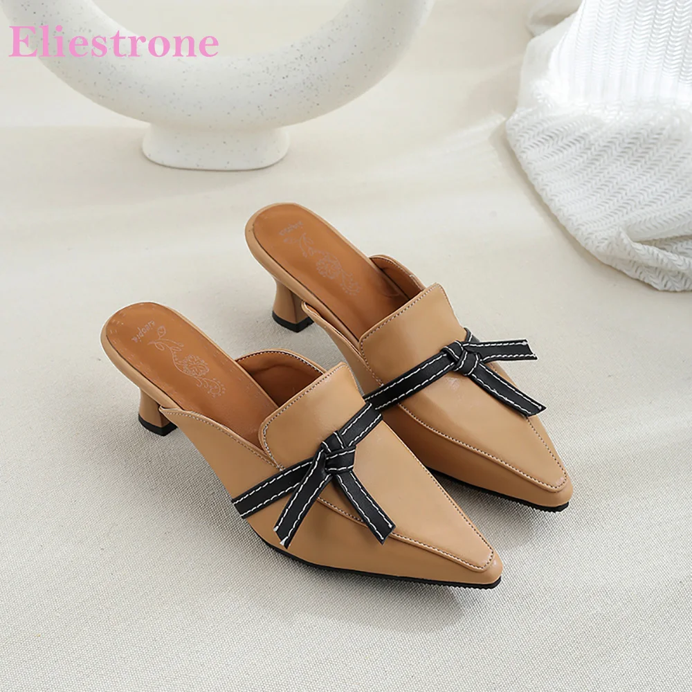 

2019 Brand New Sexy Apricot Beige Women Slipper Bow tie Hot High Heel Lady Casual Shoes SA223 Plus Big Small Size 10 28 43 46