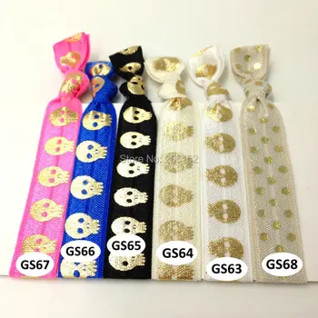 

5/8" Gold Foil Skull Print FOE Elastic Ribbon Halloween Print Fold Over Elastic Webbing for Headwear 100Yards Assorted 10Colors