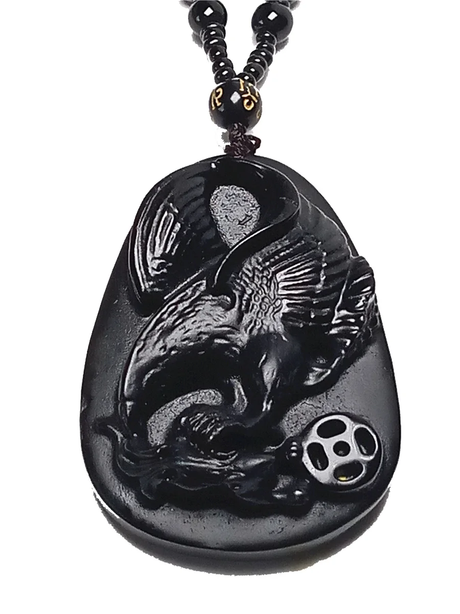 Koraba Natural Obsidian Carved Eagle Jade Pendant Necklace | Украшения и аксессуары