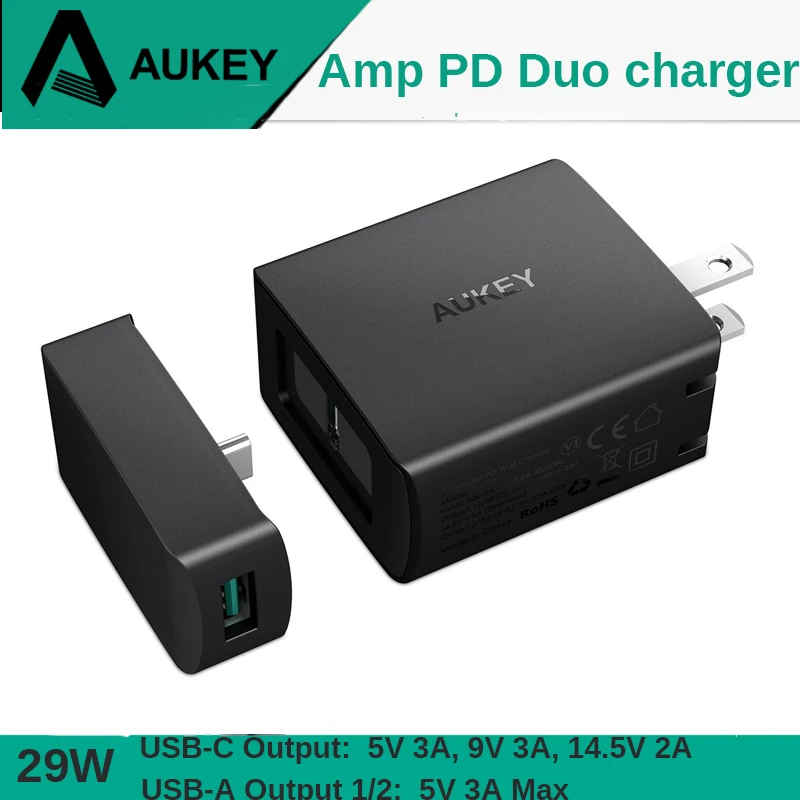 AUKEY 3 Port Fast Charger 29W PD 2.0 USB PD Type C + 3A USB Fast Charging Phone Charger Socket for Samsung Galaxy Xiaomi iPhone