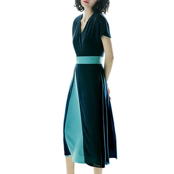 

2018 spring new fashion elegant V-neck dress long stitching A line dresses patchwork Irregular girls dress