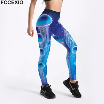 

FCCEXIO Women Workout Leggings High Waist Fitness Legging Blue Ocean Jellyfish Print Leggins Female Leg Pants Large Size Legging