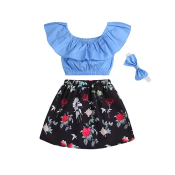 

Girls New Kids Two-piece Set top + flower skirt Headband Fashion Girl Clothing Suit Cute Children Clothes set