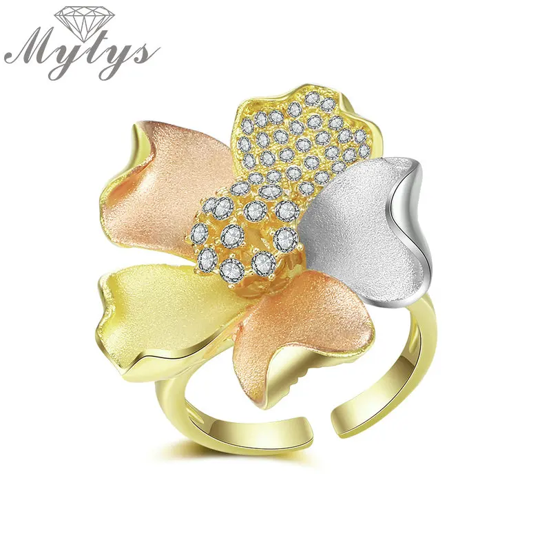 Mytys Sand Blast Brass Flower Ring For Women Three Tone Gold Fashion AAA Zircon Setting High Level Gift R2056 | Украшения и