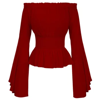 Women Off Shoulder Sexy Blouse Female Long Flare Sleeve Women's Vintage Shirt Corset Blouse Tops Femme Blusas Camisas Mujer casual off the shoulder print flare sleeve blouse for women