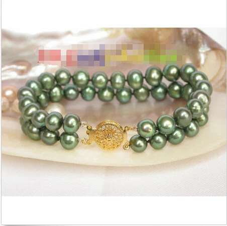 

Free shipping >>>>>>8" 2row 9mm round green freshwater pearls bracelet