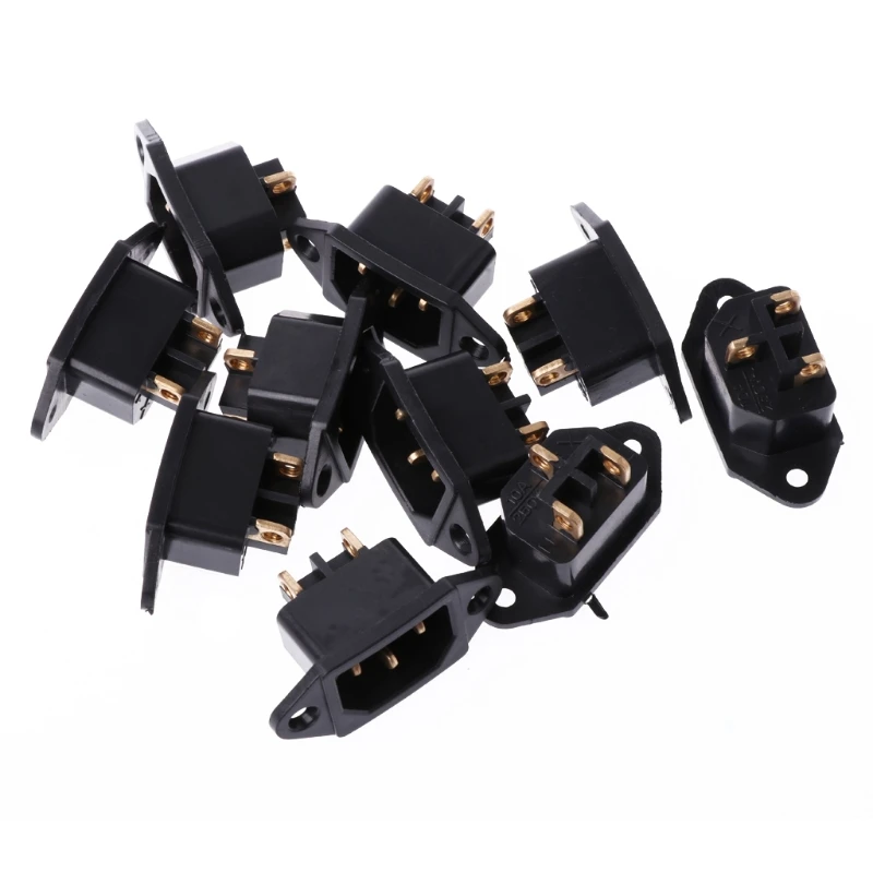 10 Pcs/Set AC 250V 10A 3-Pin Terminal IEC320 C14 Inlet Power Plug Socket Black Whosale&Dropship