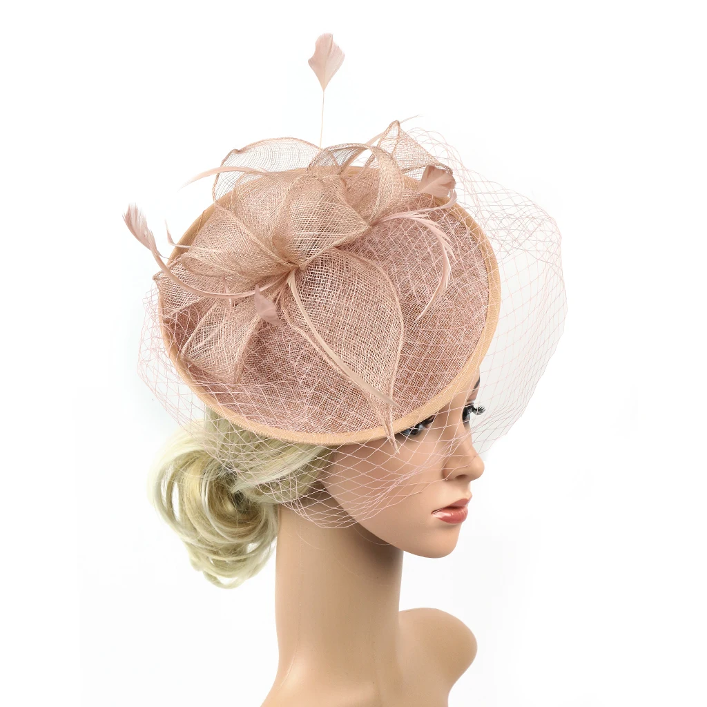 Elegant Women Ladies Sinamay Hat Feather Headband Clip Fascinator Veil Wedding Party Royal Ascot Hair Accessories