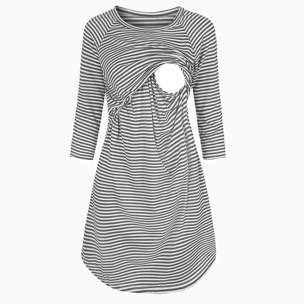 Home suit Women's Maternity Night Dress 3/4 Sleeve Striped Nursing Breastfeeding Cotton Sleepwear Dress Nightgown Home Wear#g4