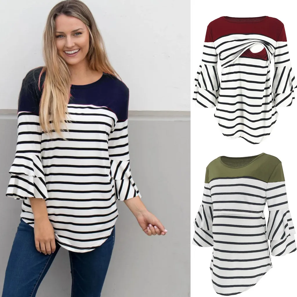 Women Pregnant Nusring Maternity Pagoda Sleeve Tops Splicing Stripe Blouse Tops New arrival