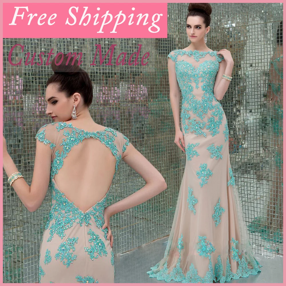 

2014 Elegant Bodycon Sheath Lace Sleeves Prom Party Dresses See Through Open Back Vestidos De Fiesta Free Shipping Satin YL501