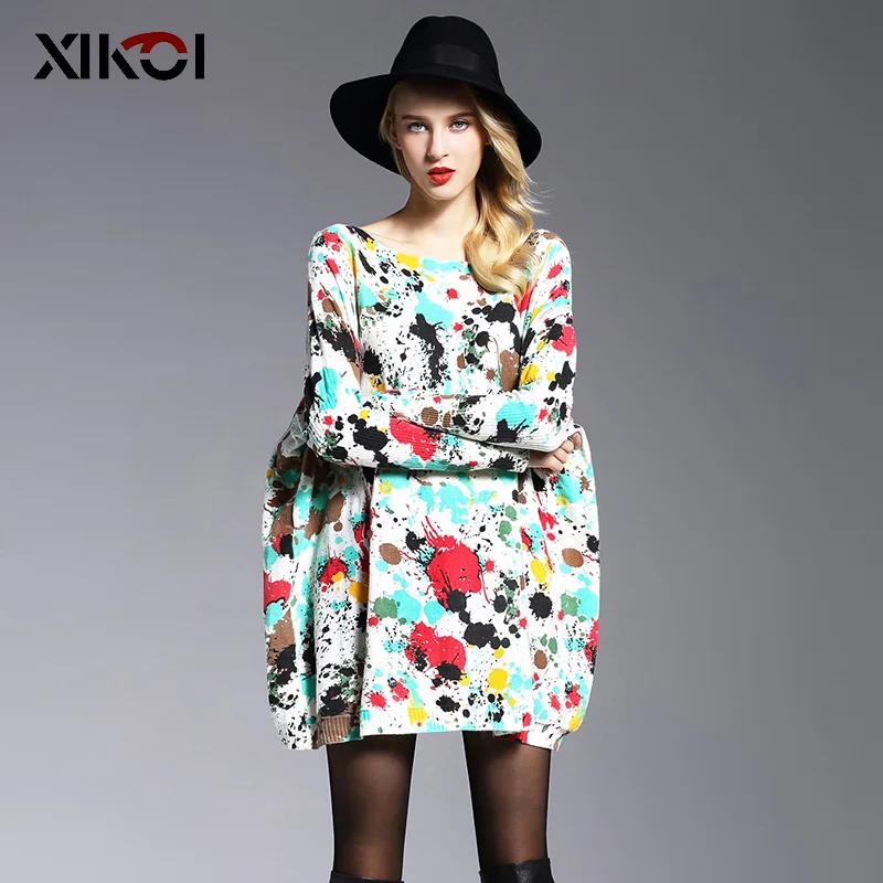 

Spring 2018 Oversized Sweater Women Pullover Fashion Batwing Sleeve Print Slash Neck Pullovers Knitted Woman Sweaters Jumper