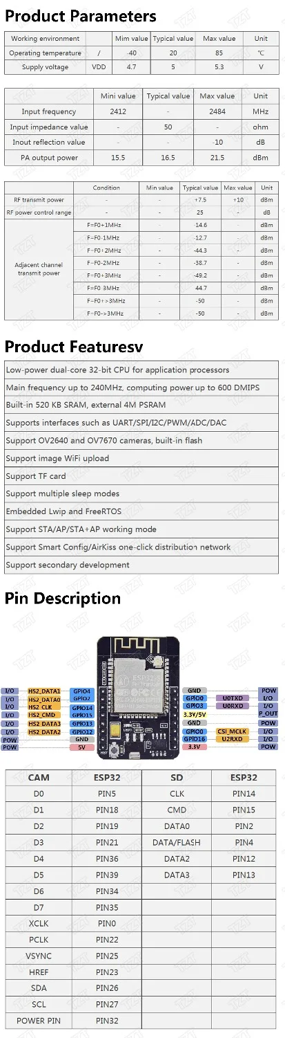 TZT ESP32-CAM WiFi+ модуль Bluetooth модуль камеры макетная плата ESP32 с модулем камеры OV2640 2MP для Arduino