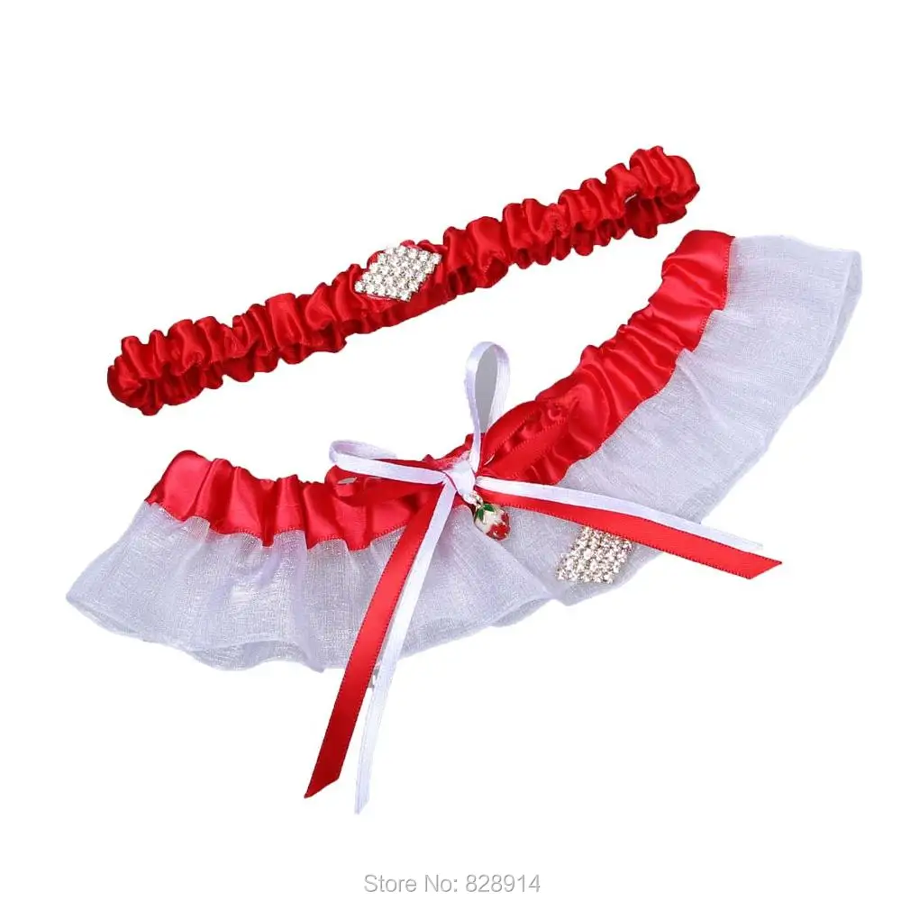 Red Ribbon Wedding Garter Set With Rhinestones Beads