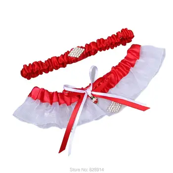 

Red Ribbon Wedding Garter Set With Rhinestones Beads Handmade Bridal Garter Set Wedding Accessories Toss Keepsake garter