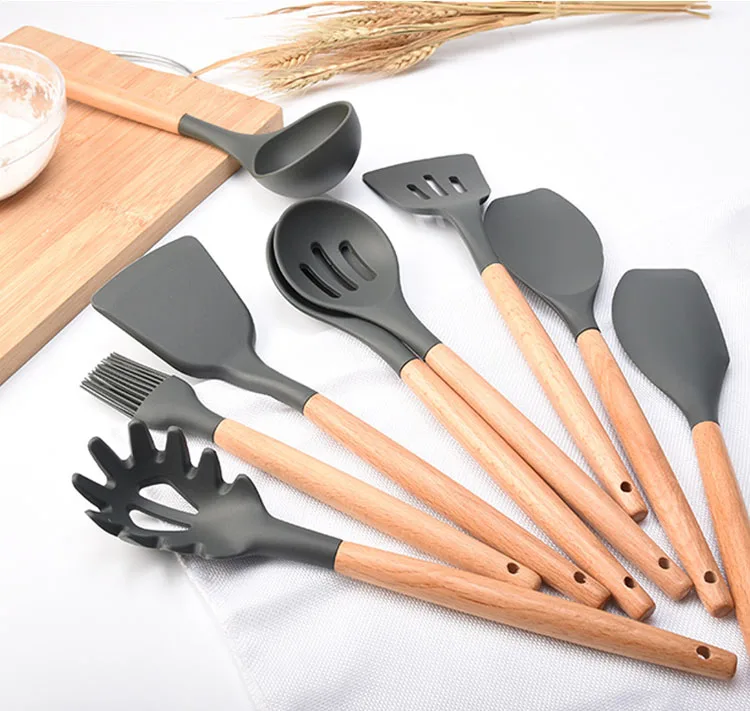 Kitchen utensil set Wood handle silica gel kitchenware non-stick spatula spoon set beech Silica gel Spoon Home kitchen tools