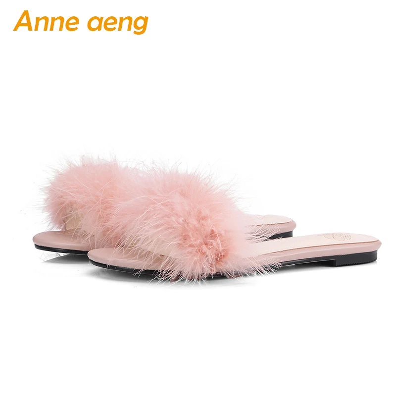 

summer women slippers open-toe genuine leather flat heel soft fur sweet kawaii ladies mules outside women shoes pink size 33-43
