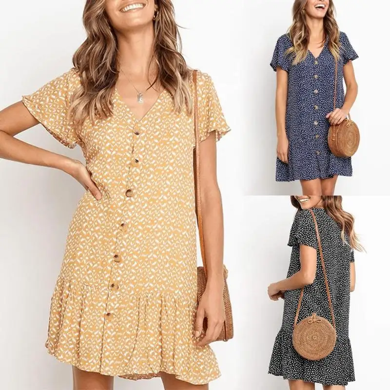 Women Fashion Retro Printed Dress Women short Sleeved V-Collar Front Button Ruffle Hem Sundress Collar Casual Slim Floral Dresse