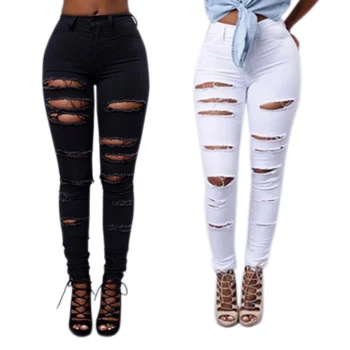 

Hot Women High Waist Skinny Jeans Pants Slim Fit Ripped Holes Long Pants Trousers MSK66