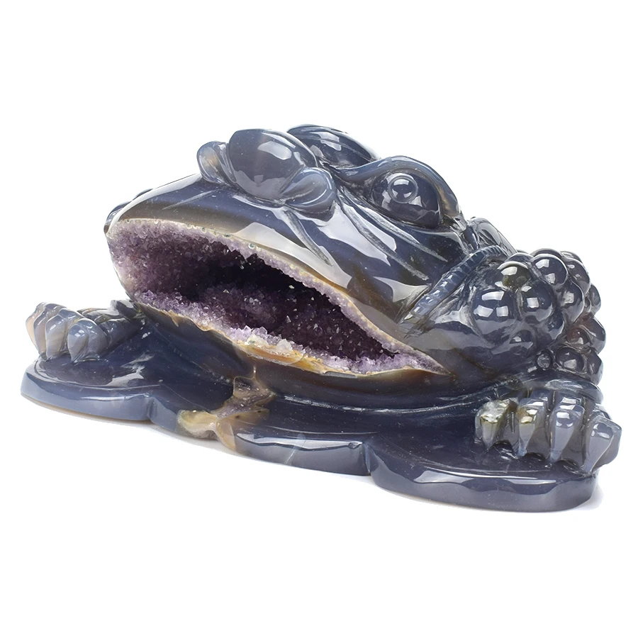 

9'' Natural Agate Amethyst Geode Carved Toad Statue Healing Animal Sculpture Money Fortune Wealth Feng Shui Home Office Decor
