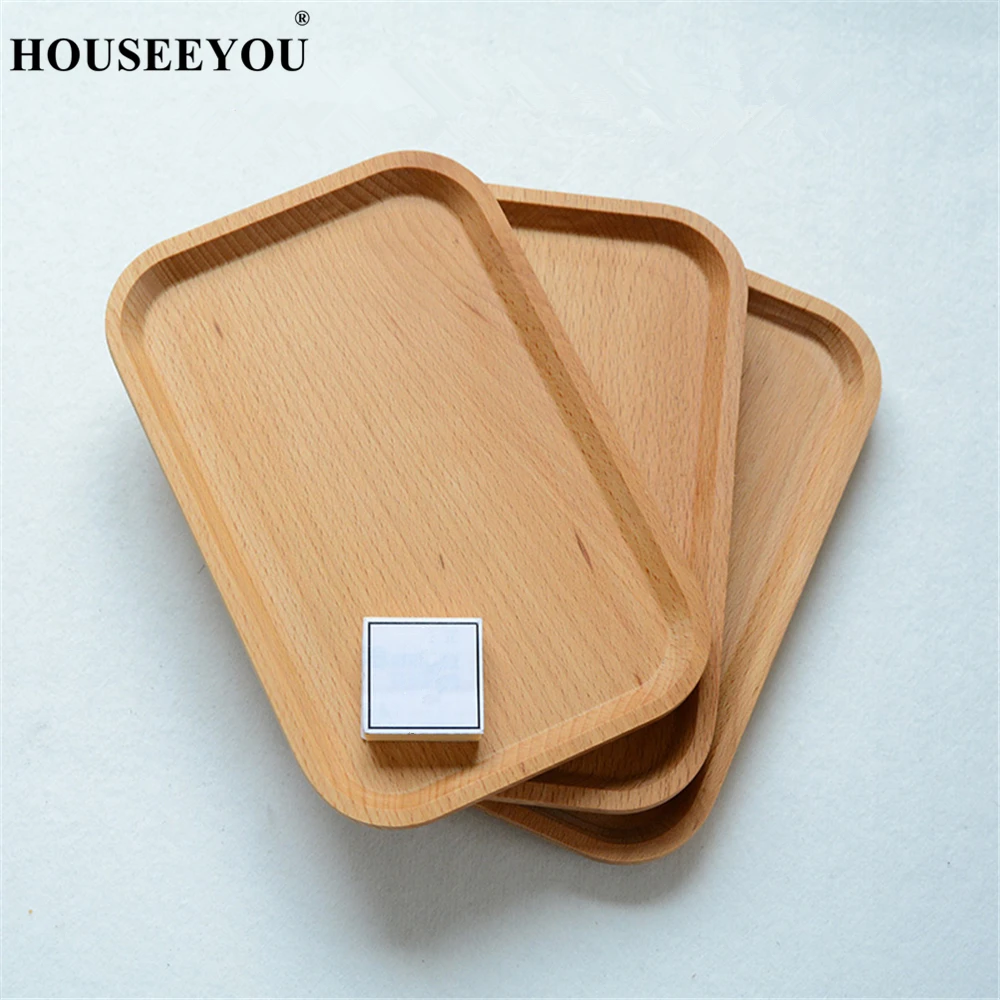 

Solid Beech Wood Rectangular Dinner Plate Western Food Serving Trays Round Corners Snack Dessert Dish Container Storage