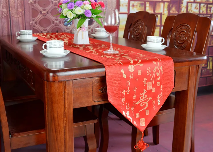 HELLOYOUNG китайский стиль красный настольная дорожка атласная роскошное свадебное украшение китайский узел кисточка чайная кровать скатерть - Цвет: 01