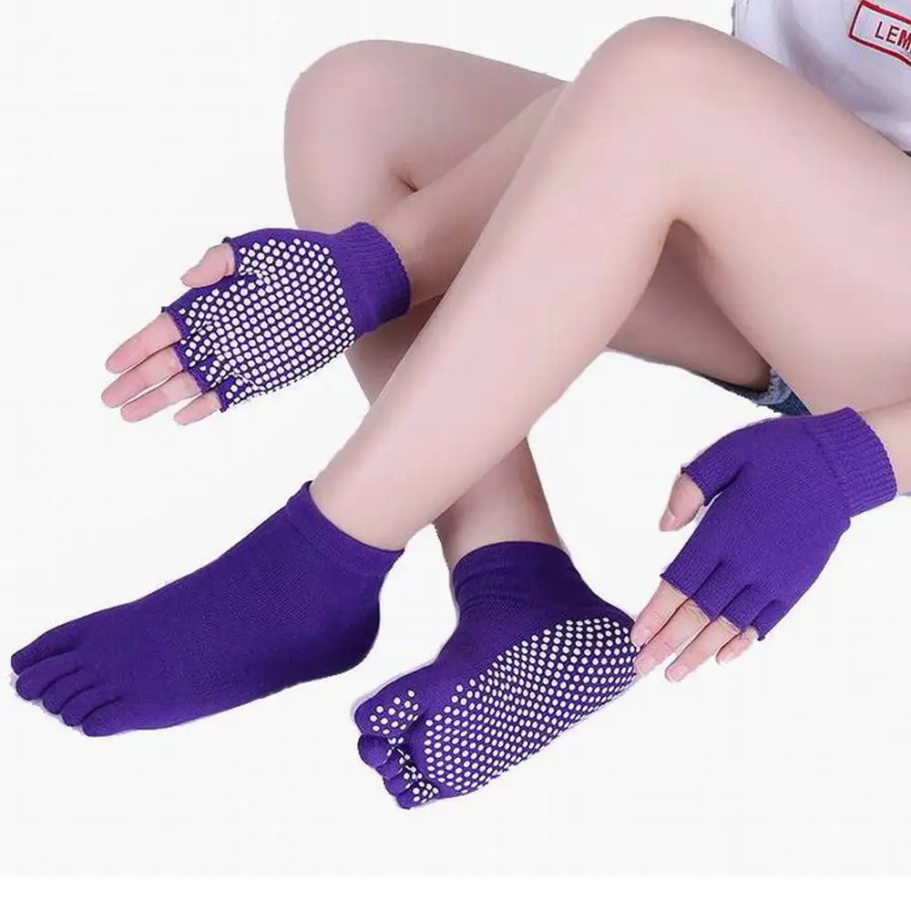 Набор женских носков и перчаток для йоги с противоскользящей подошвой, нескользящие носки для танцев, балета, носки для йоги, пилатеса, фитнеса, женские носки - Цвет: Фиолетовый