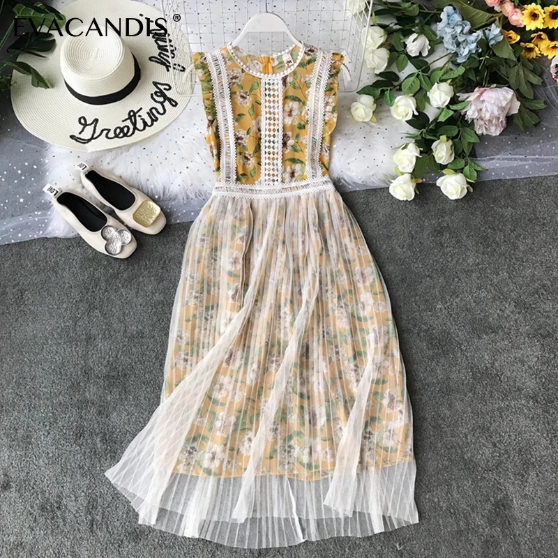 

Lace Floral Sleeveless Dress Hollow Out Mesh Patchwork Korean Chiffon Tank White Pleated Beach Boho Ruffle Summer Women Vestidos
