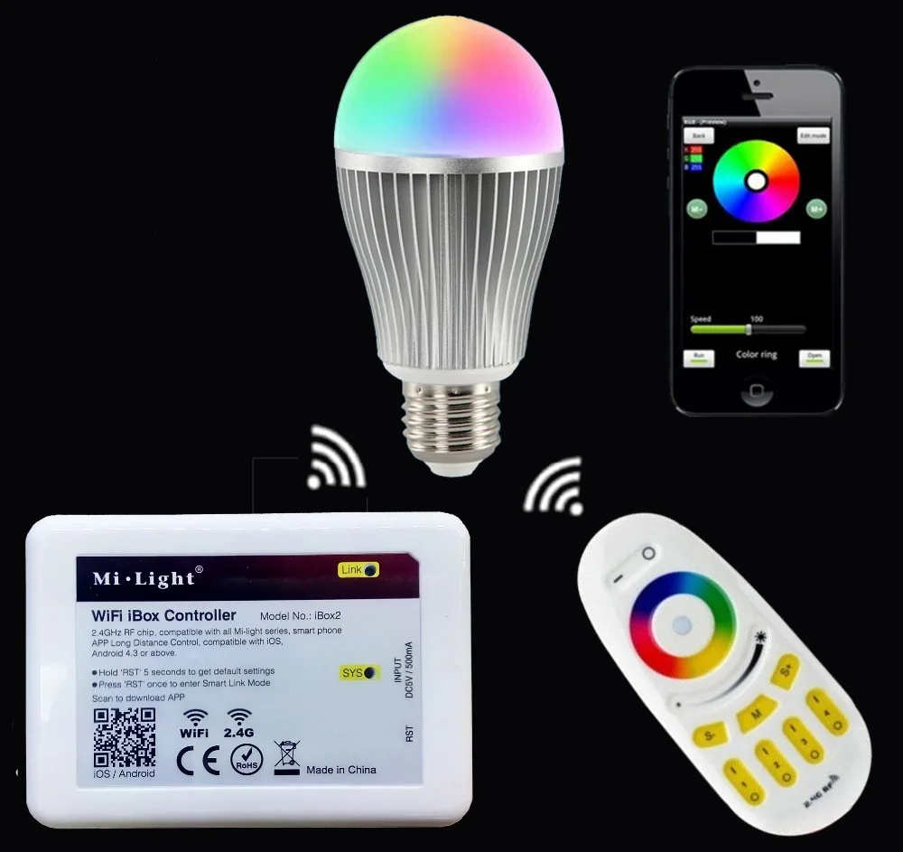 

Mi.light E27 9W RGBW RGBWW Led Bulb Lamp AC85-265V+2.4G Wifi Ibox Controller+2.4GHz RGBW Touch Remote Controller